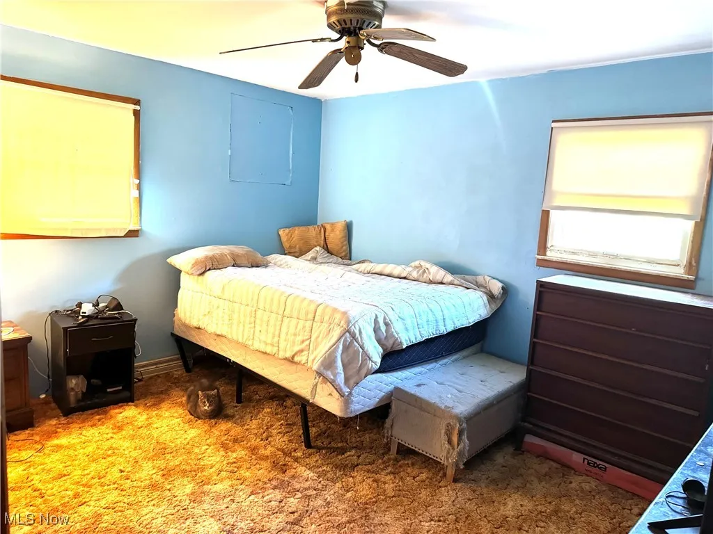 Carpeted bedroom with ceiling fan and baseboards