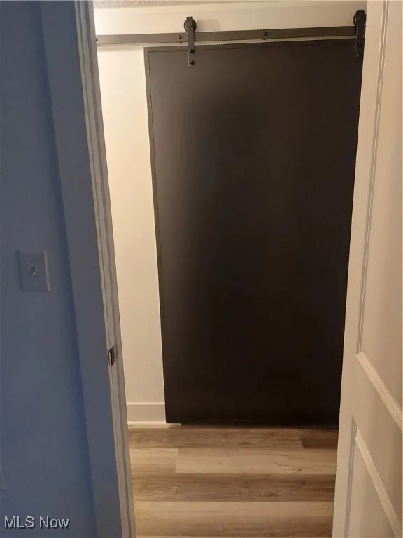 Hallway with wood finished floors and a barn door
