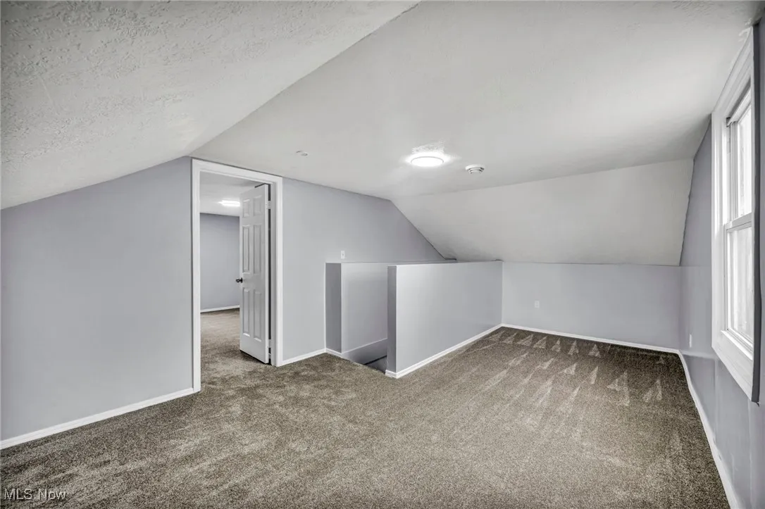 Bonus room featuring light carpet, lofted ceiling, and a textured ceiling