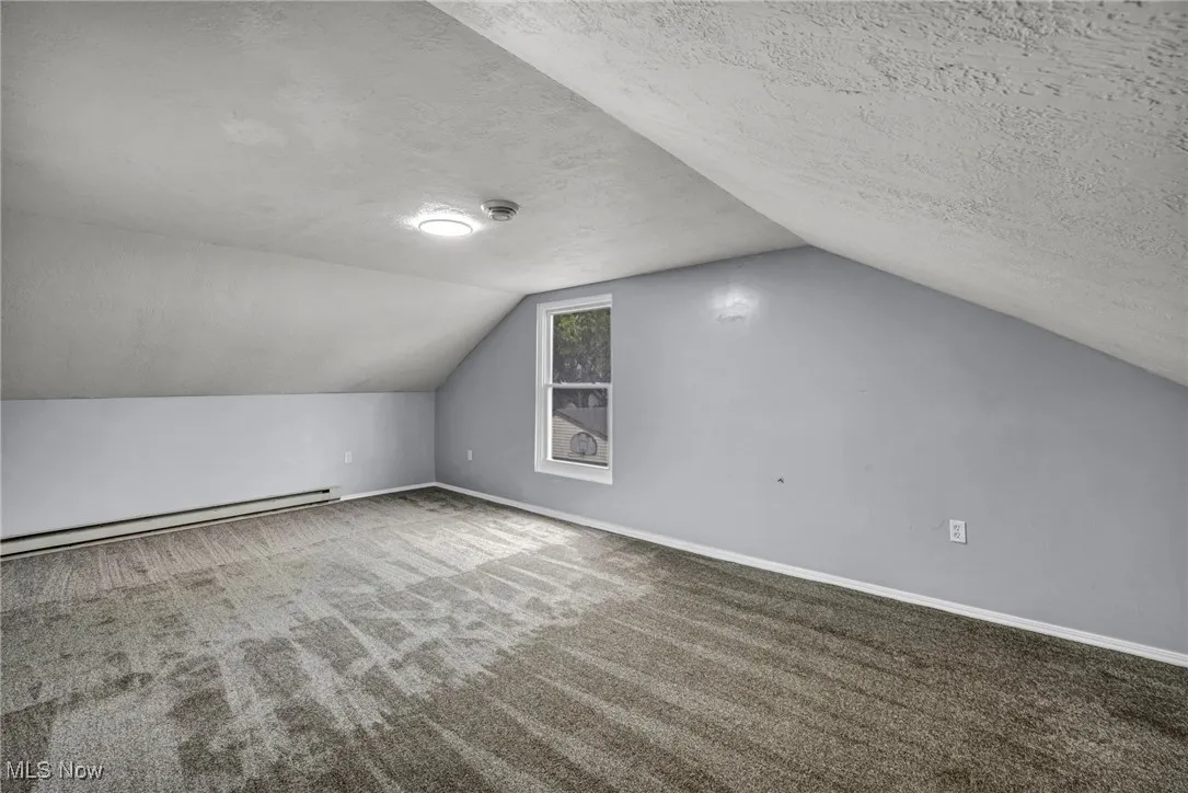 Additional living space featuring a textured ceiling, carpet floors, vaulted ceiling, and baseboard heating