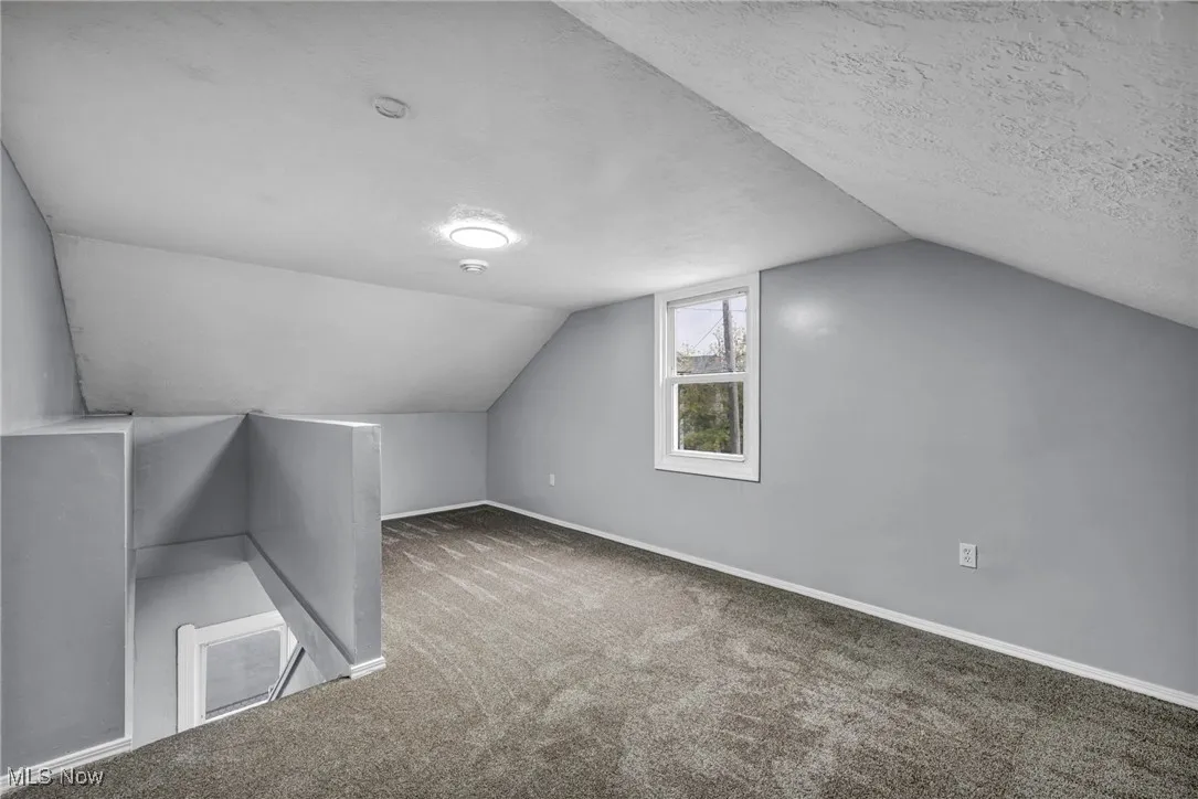 Bonus room with lofted ceiling, light carpet, and a textured ceiling