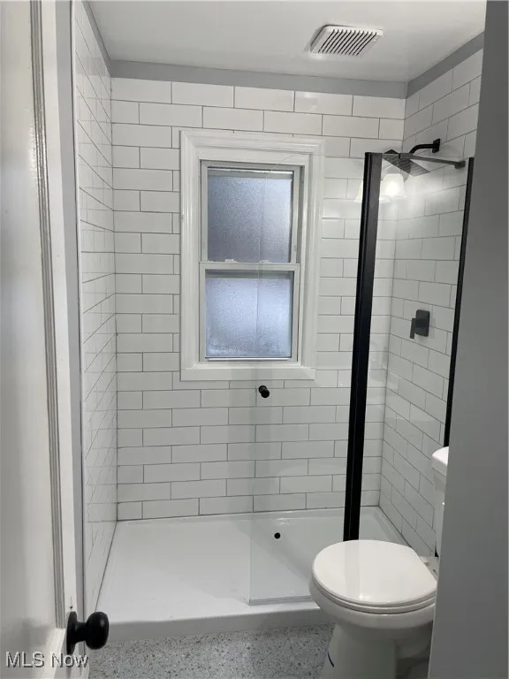 Bathroom with a shower stall and toilet