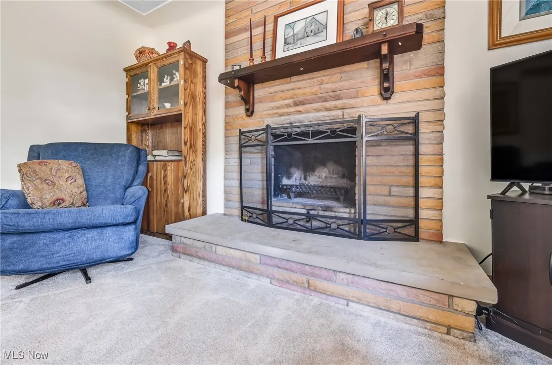 A close-up of the stone fireplace with a raised hearth and black metal screen