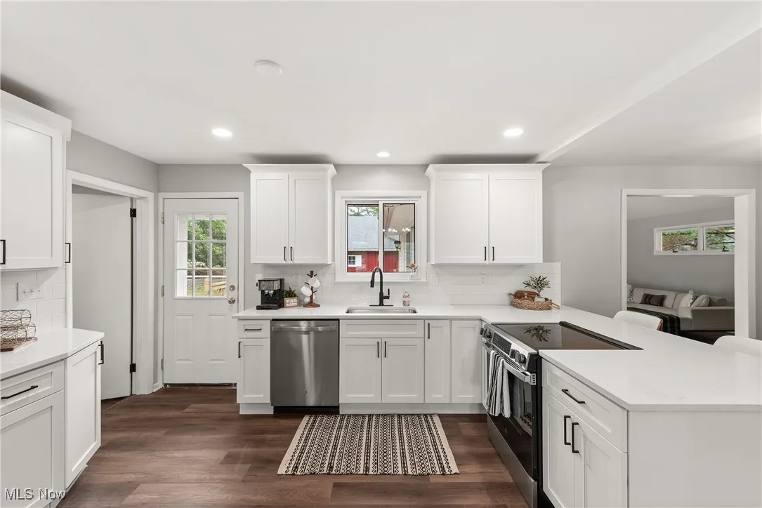 Kitchen with stainless steel appliances, decorative backsplash, white cabinets, dark wood-type flooring, and recessed lighting