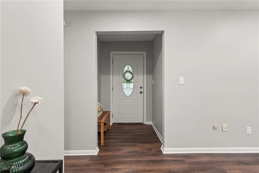 Foyer entrance with baseboards and dark wood finished floors