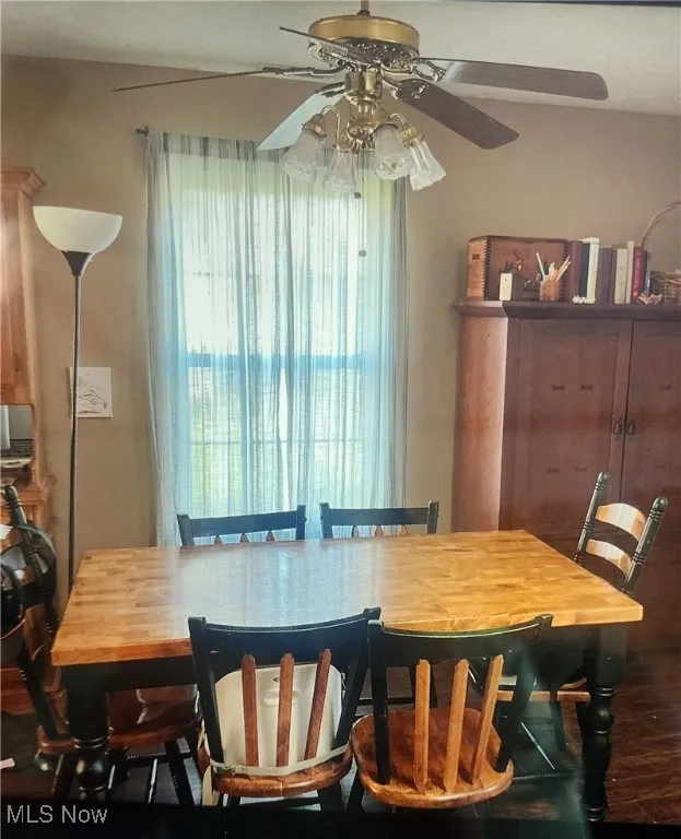 Dining area with ceiling fan