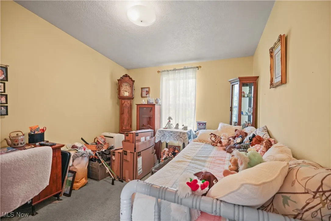 Bedroom featuring carpet and a textured ceiling