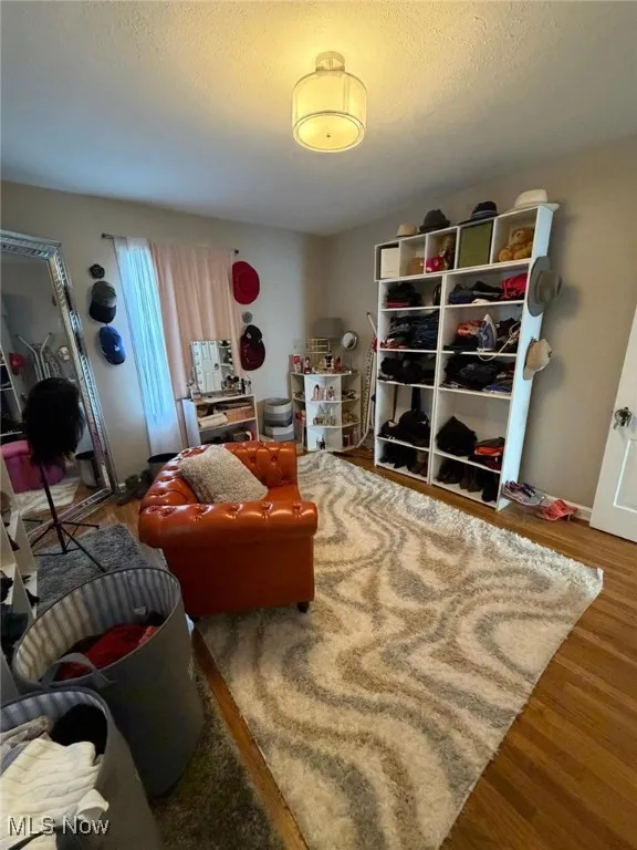 Living area featuring wood finished floors and a textured ceiling