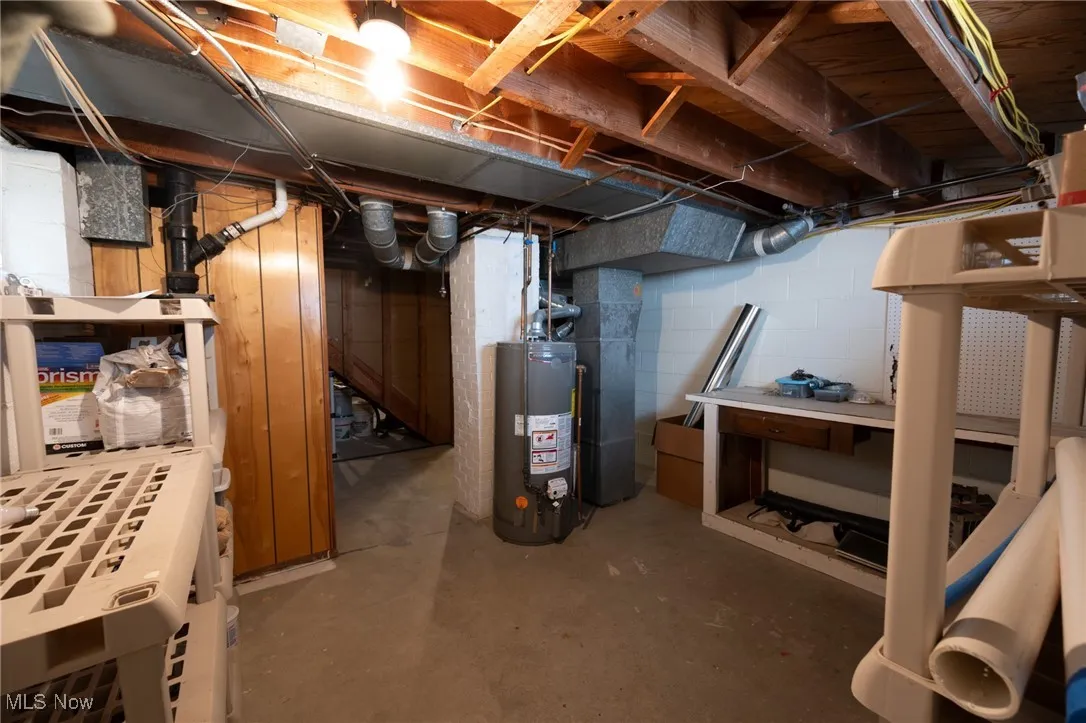 Unfinished basement featuring gas water heater