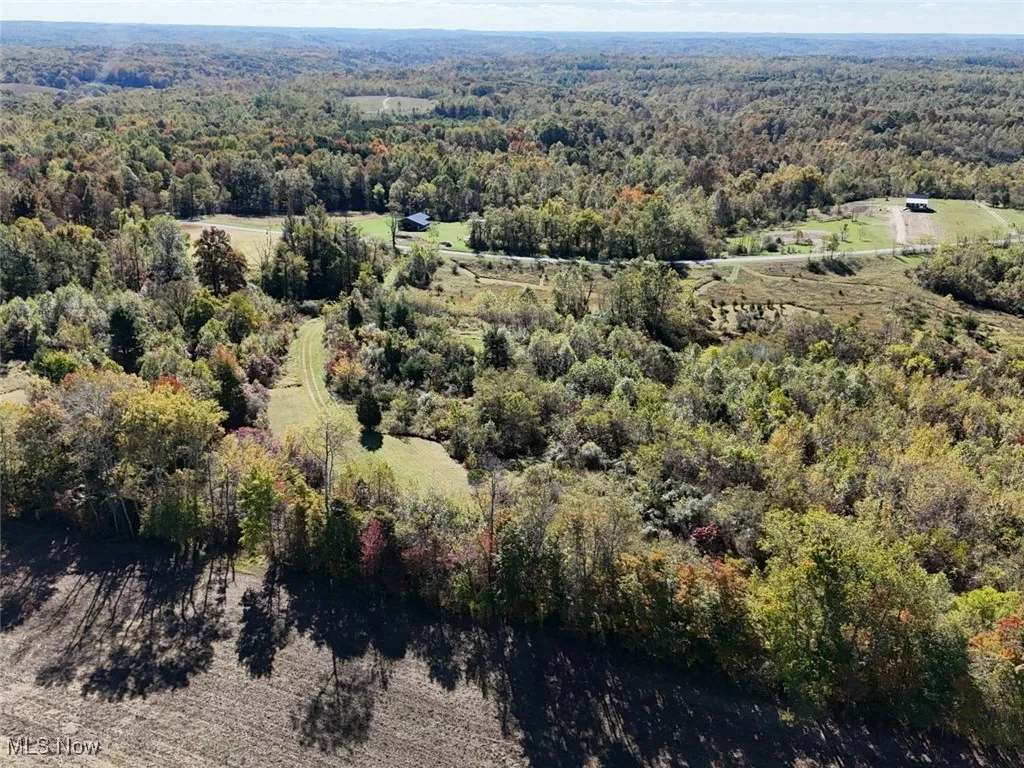 Aerial view of property's location with a heavily wooded area