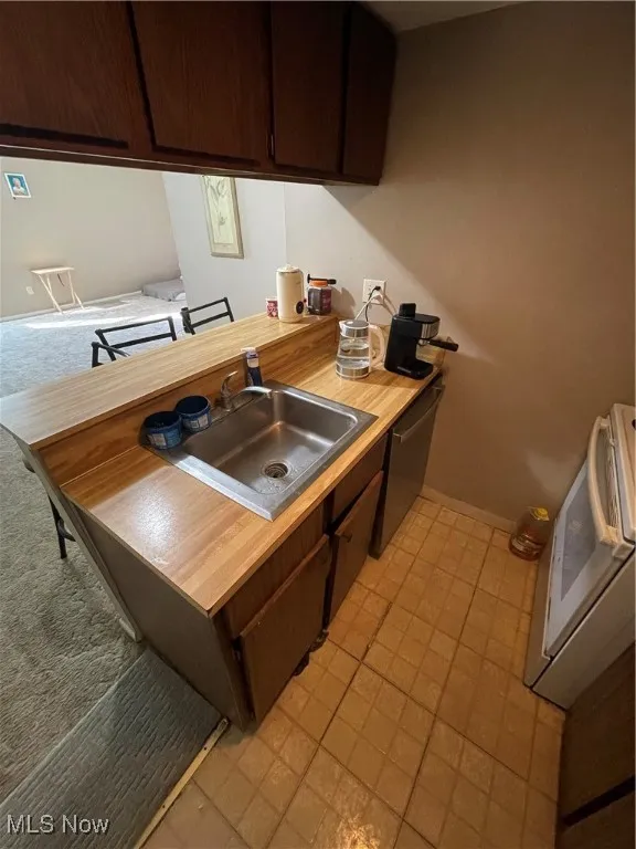 Kitchen featuring dishwasher, dark brown cabinets, range, and a peninsula