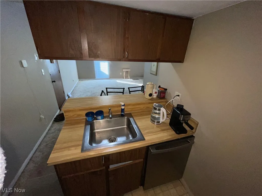 Kitchen with stainless steel dishwasher, dark brown cabinetry, a peninsula, and wooden counters