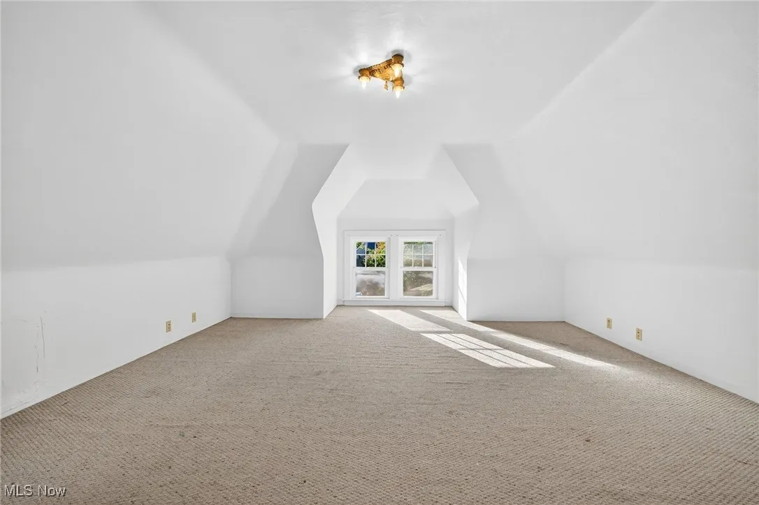 Bonus room with lofted ceiling and carpet