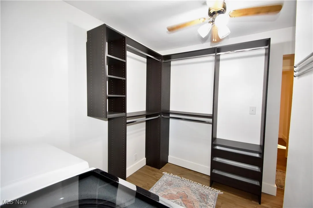 Spacious closet featuring wood finished floors and a ceiling fan