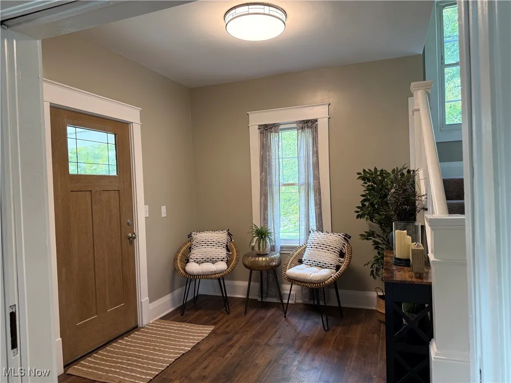 Entryway with dark wood-style flooring and baseboards