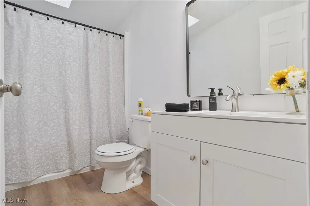 Updated main bathroom 2025 vanity, sink, sink faucet, paint, mirror, lighting, newer flooring.