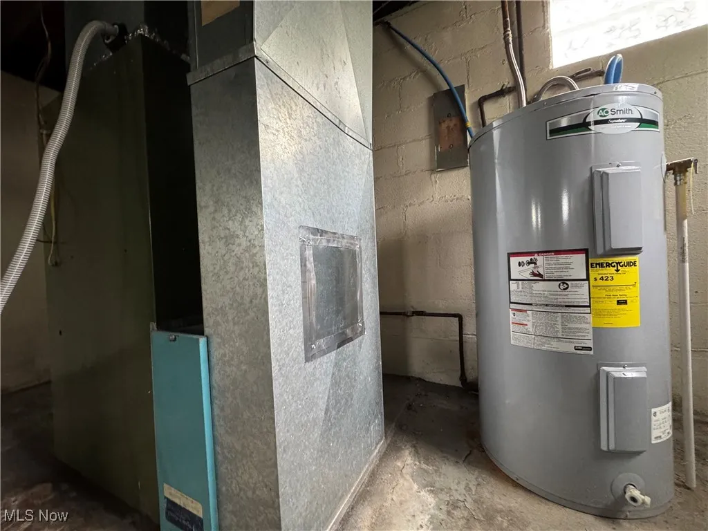Utility room featuring heating unit and electric water heater