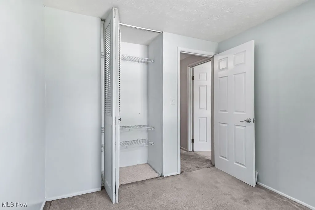 Unfurnished bedroom featuring light colored carpet, a textured ceiling, and a closet
