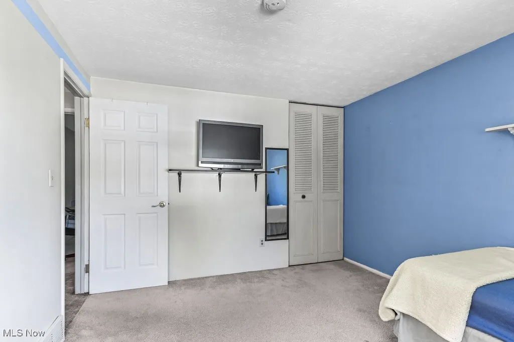 Bedroom featuring carpet floors, a closet, and a textured ceiling
