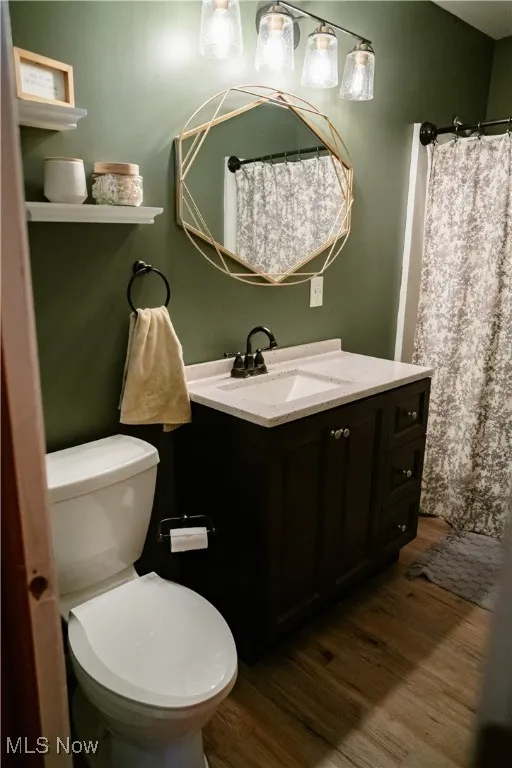 Full bath featuring dark wood finished floors, vanity, and a shower with curtain