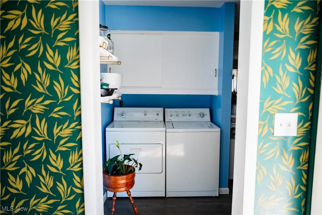 Laundry room with cabinet space, dark wood-style floors, and washing machine and clothes dryer