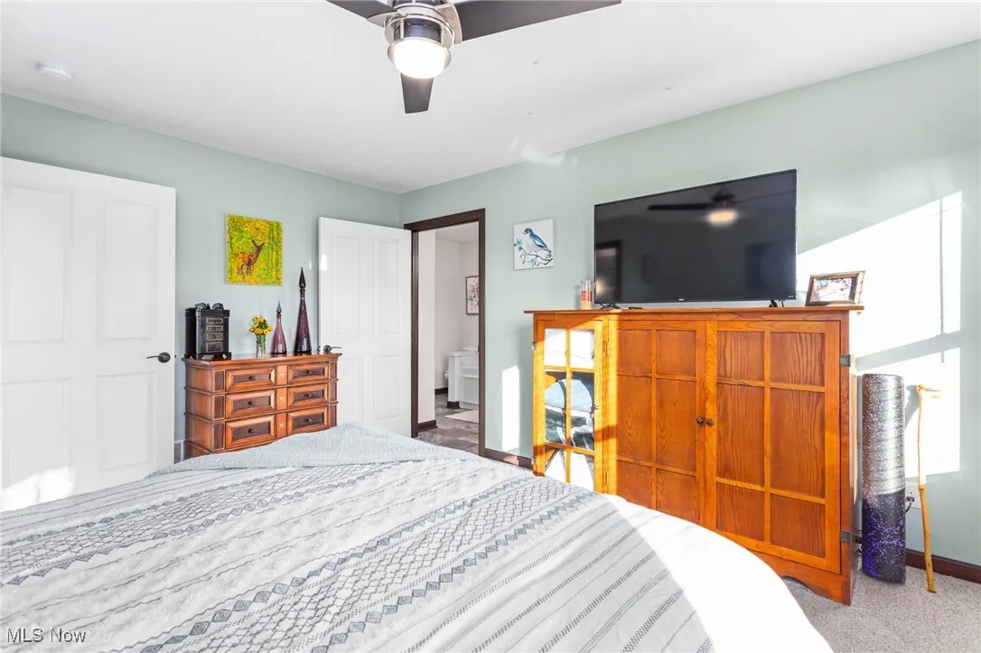 Carpeted bedroom with ceiling fan and ensuite bathroom