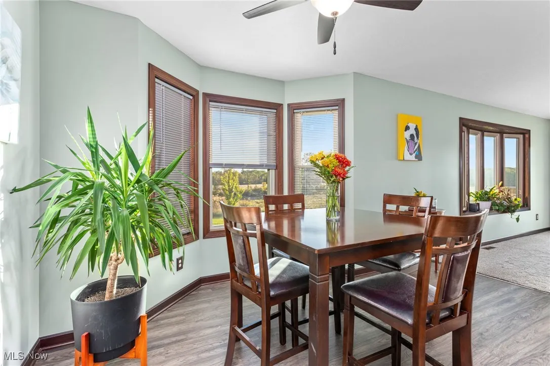 Dining area with wood finished floors and a ceiling fan