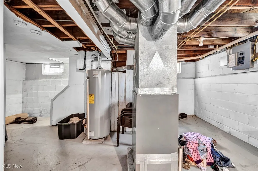 Below grade area with electric panel, gas water heater, and heating unit