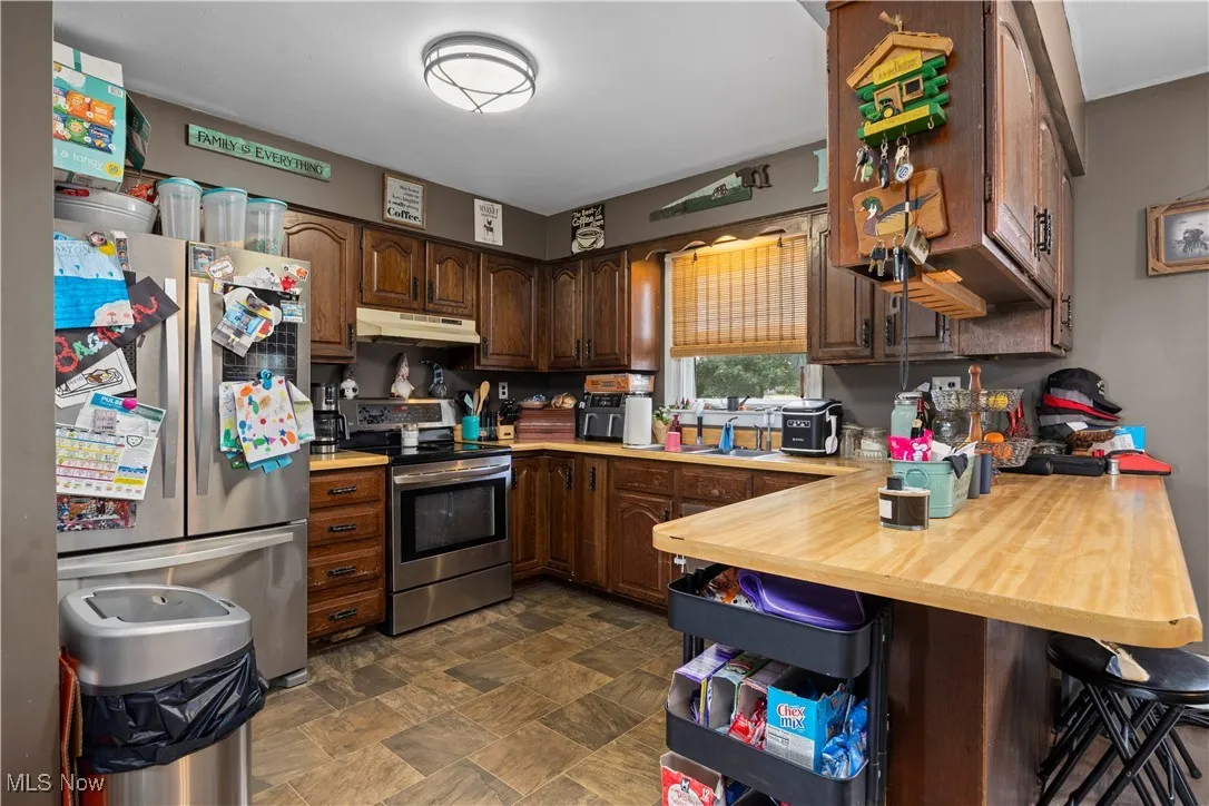 Kitchen with appliances with stainless steel finishes, dark brown cabinets, a peninsula, a breakfast bar, and under cabinet range hood