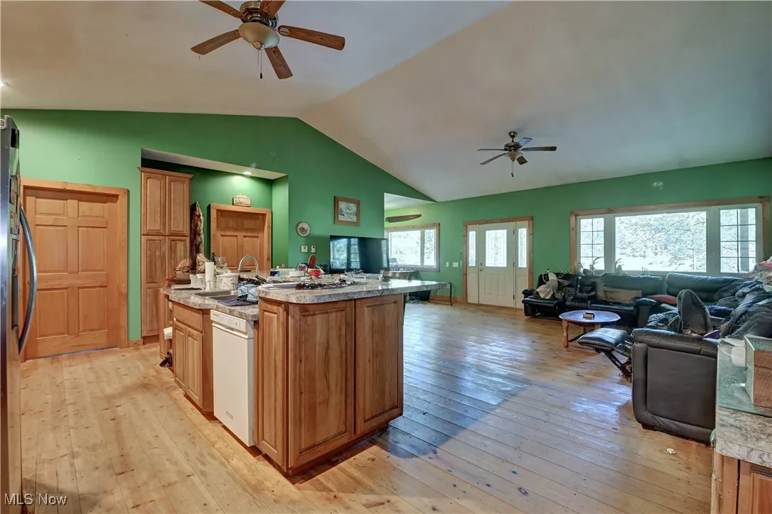 Kitchen featuring open floor plan, light countertops, lofted ceiling, light wood-style flooring, and a ceiling fan