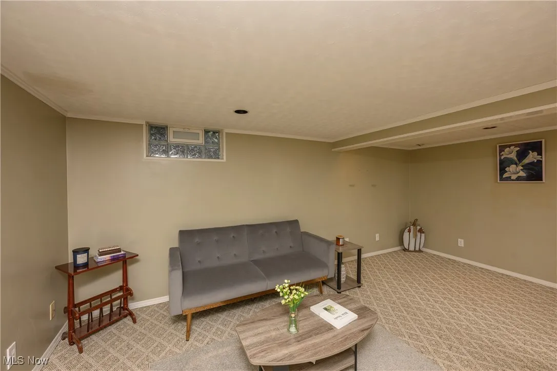 Living area with crown molding and light carpet