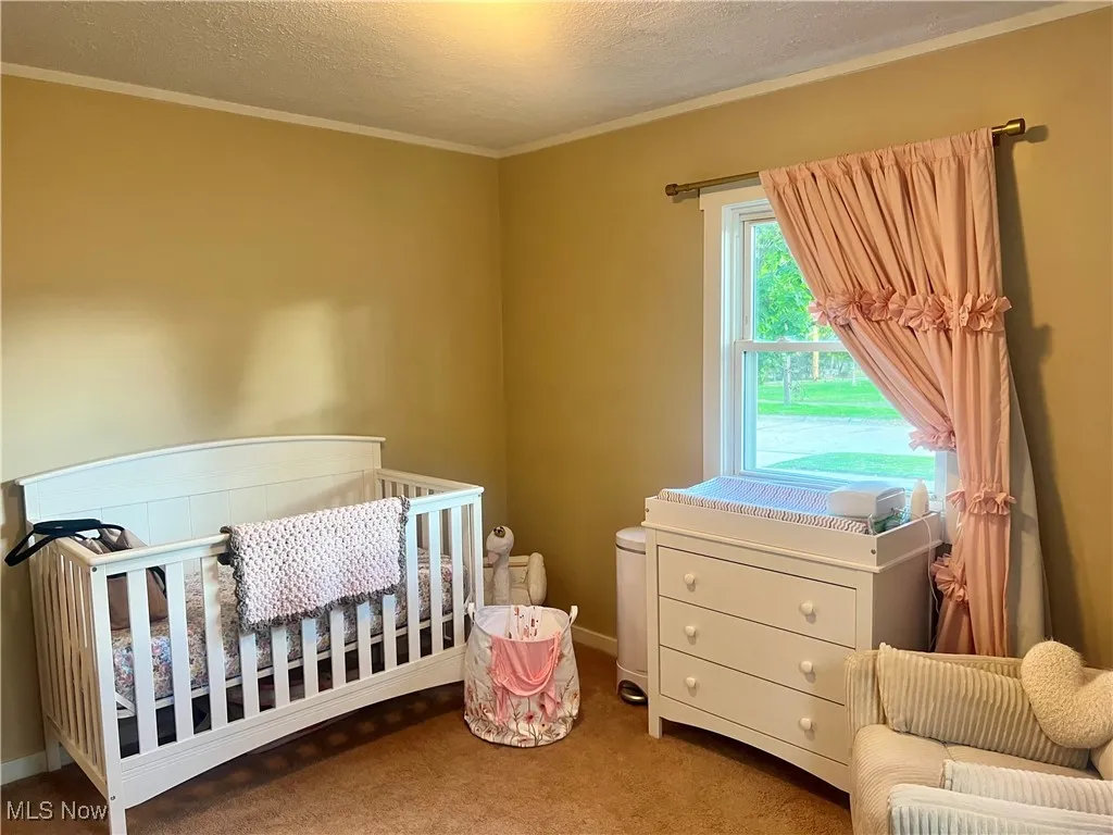 Carpeted bedroom featuring a textured ceiling, ornamental molding, and a crib