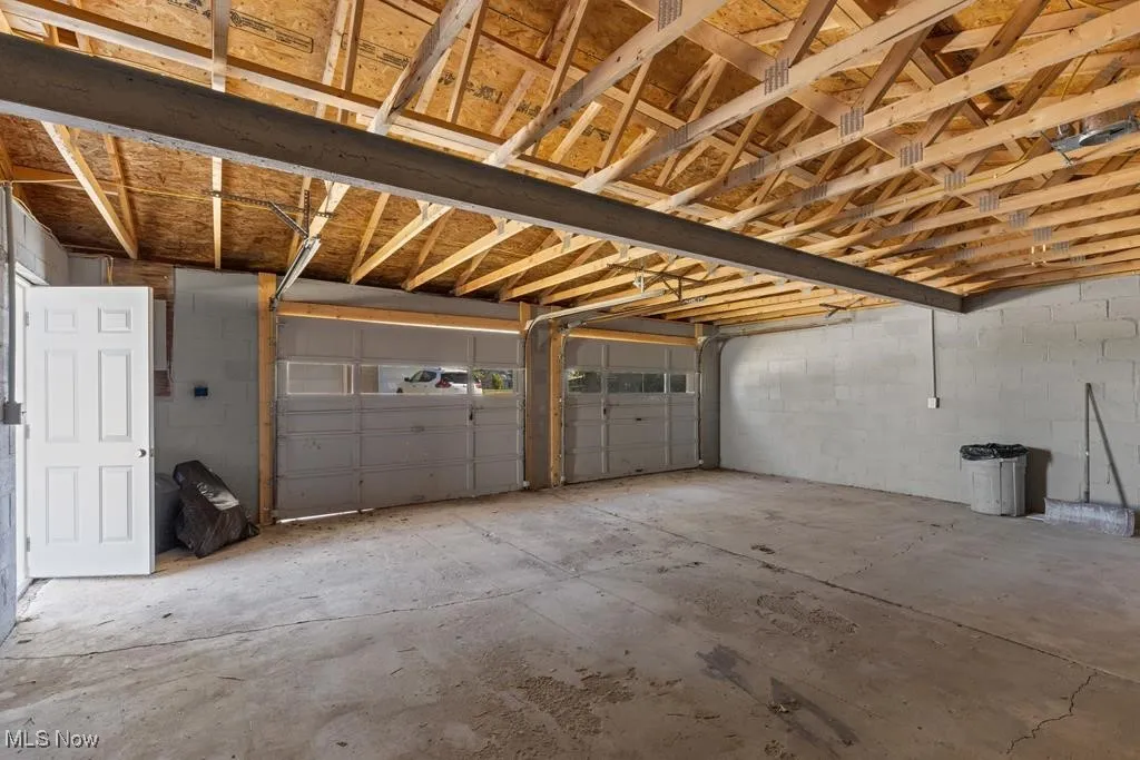 Garage featuring concrete block wall