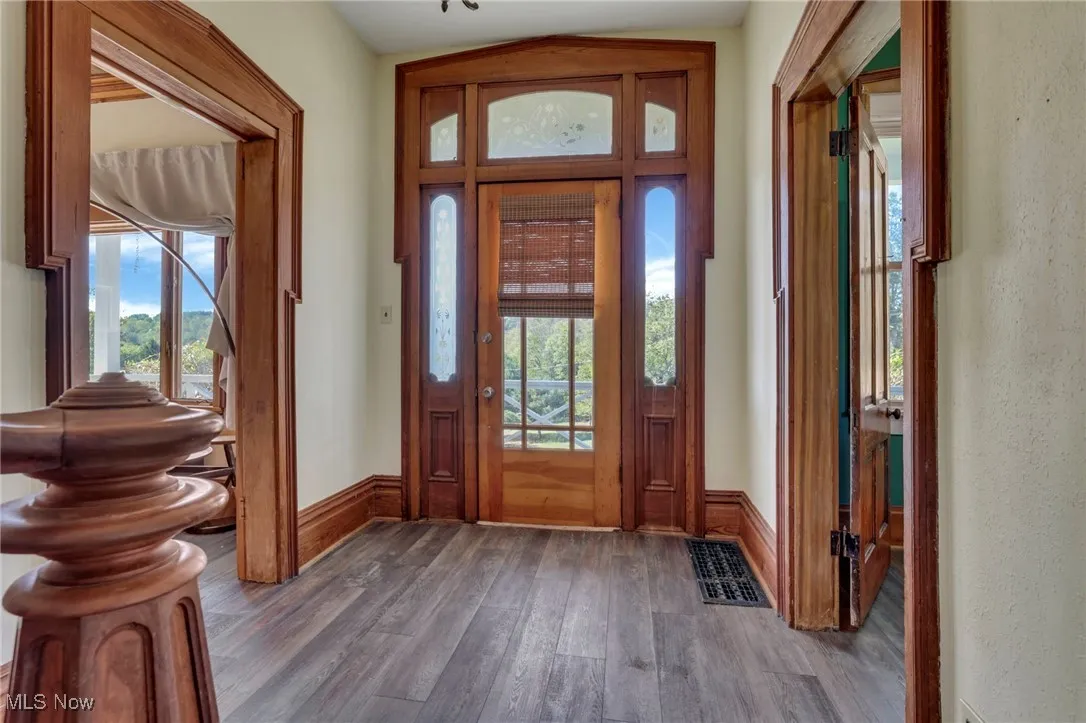 Foyer with dark wood-type flooring and baseboards