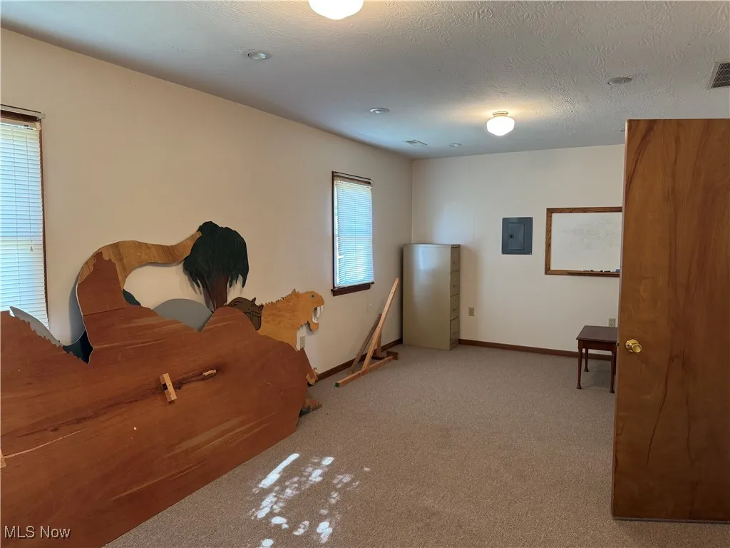 Bedroom featuring light colored carpet, a textured ceiling, and electric panel