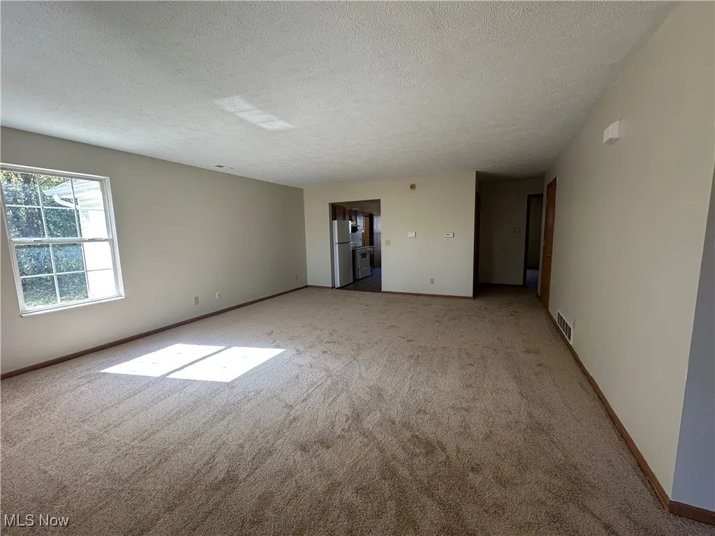 Spare room featuring a textured ceiling and carpet