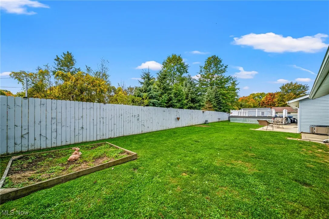 Fenced backyard featuring a patio and a garden