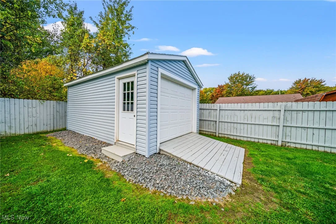 View of outbuilding with a fenced backyard