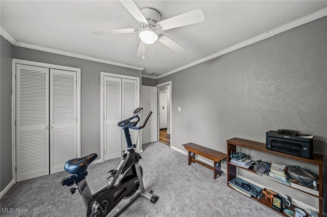 Workout area with ornamental molding, a textured wall, light colored carpet, and ceiling fan
