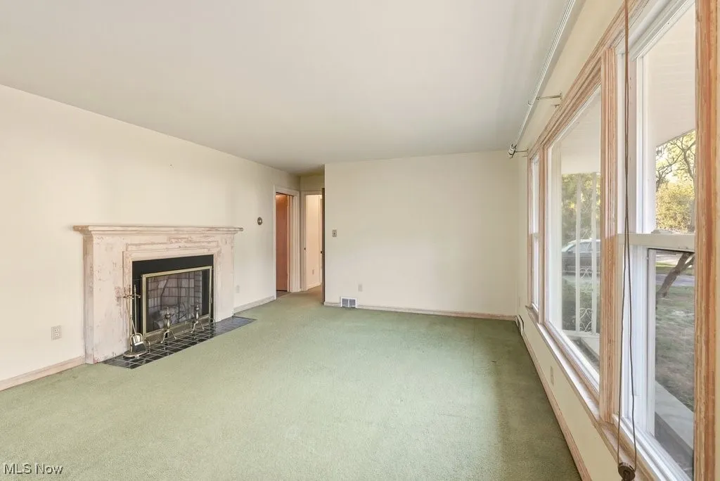 Unfurnished living room featuring carpet floors and a fireplace