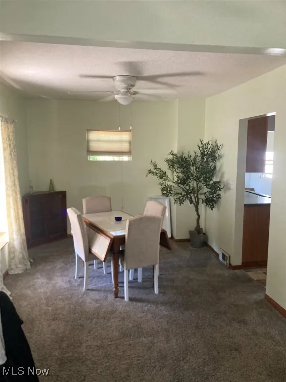 Dining area featuring dark colored carpet, a textured ceiling, ceiling fan, and healthy amount of natural light