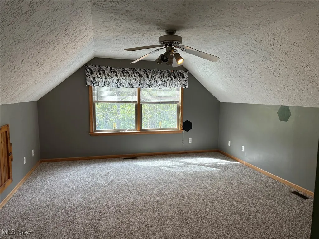 Bonus room with a textured ceiling, carpet floors, vaulted ceiling, and a ceiling fan