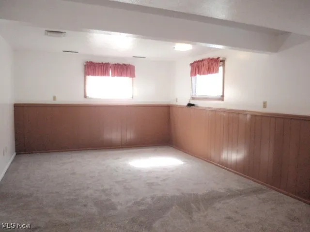 Carpeted spare room featuring a wainscoted wall and wooden walls