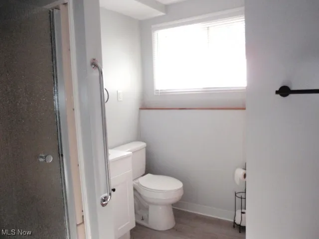 Bathroom with vanity, light wood-type flooring, and a shower stall