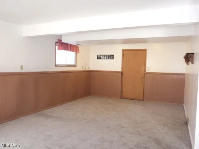 Below grade area featuring a wainscoted wall, wood walls, and light carpet