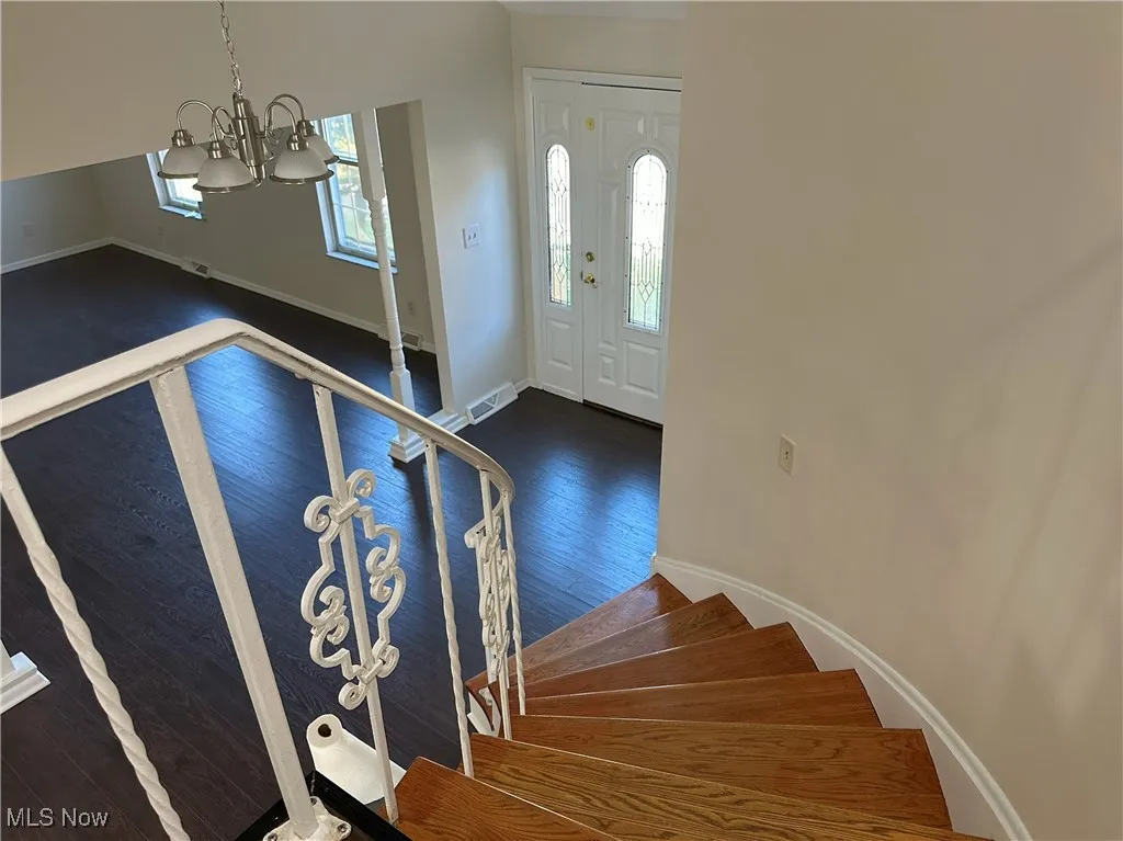 Foyer entrance with dark wood-style floors and a chandelier