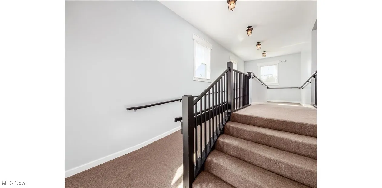 Staircase featuring carpet and baseboards