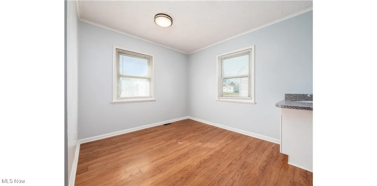 Empty room featuring light wood-style flooring, plenty of natural light, and crown molding