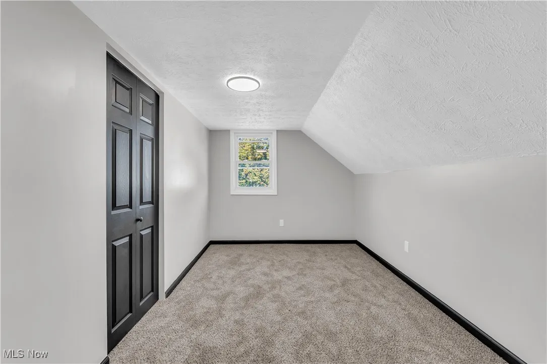 Bonus room featuring a textured ceiling, carpet, and vaulted ceiling