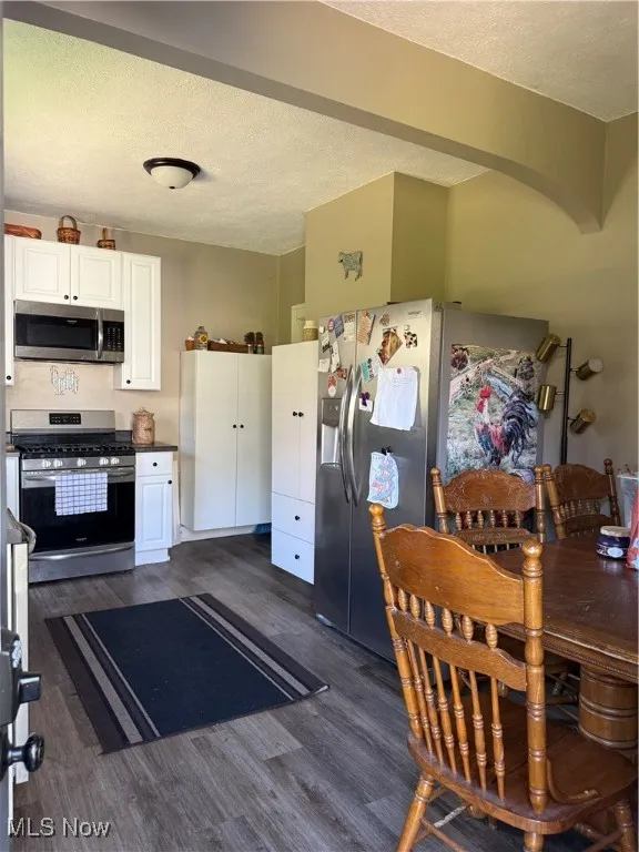 Kitchen with white cabinetry, a textured ceiling, stove, stainless steel fridge, and dark wood-style floors